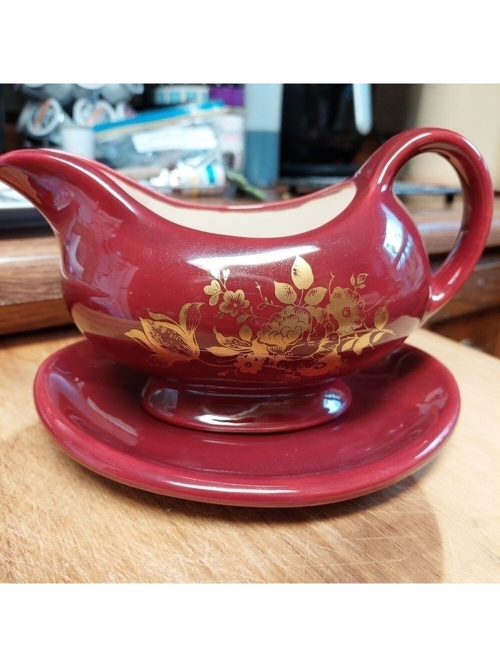 Vintage* Arnel's (RS) Burgandy & Gold Gravy Boat and Drip Saucer